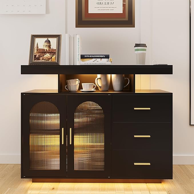 HWB RGB LED Coffee Bar Cabinet Kitchen Storage Cabinet & Sideboard Buffet Cabinets - Wood Coffee Bar Table with Shelf Capacity for Dinning Room/Living Room/Kitchen(Black)