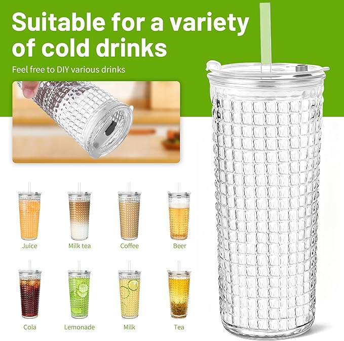 20oz Glass Cups with Lids and Straws,4 Pack Reusable Glass Tumbler for Cold & Hot Drinks Wide Mouth Travel Mug for Smoothies Cocktails Beer Tea Juice and Iced matcha Coffee Cups with Lids