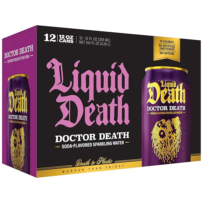 Liquid Death Soda-Flavored Sparkling Water - Doctor Death (Cherry, Cream, Spice), Less Sugar*, Huge Flavor, No Caffeine, No Artificial Sweeteners, 12 Fl Oz (Pack of 12)