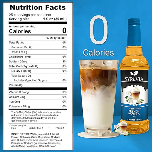 Syruvia Sugar Free Coffee Syrup, French Vanilla Flavored Syrup for Drinks, Lattes, and Desserts – 25.4 fl oz, With Pump