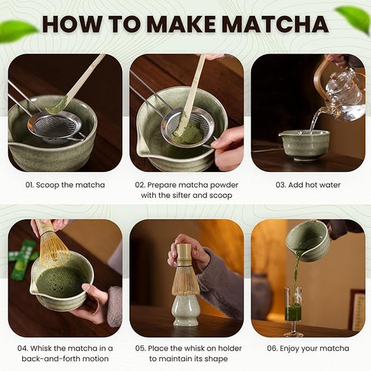 Matcha Whisk Set, 5 Pcs Matcha Kit, Premium Ceramic Matcha Set, Whisk and Bowl, Sifter, Cup Holder, Bamboo Scoop, Tea Plucking, Tea Towel, Matcha Lovers (Jade Green)