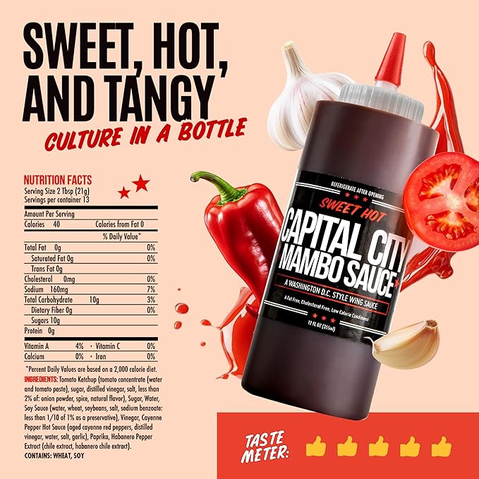 Capital City Mambo Sauce Sweet Hot, Washington DC Wing Sauces, Perfect Condiment for Wings Chicken Pork Beef Seafood Burgers Rice or Noodles, 12oz (12 pack)