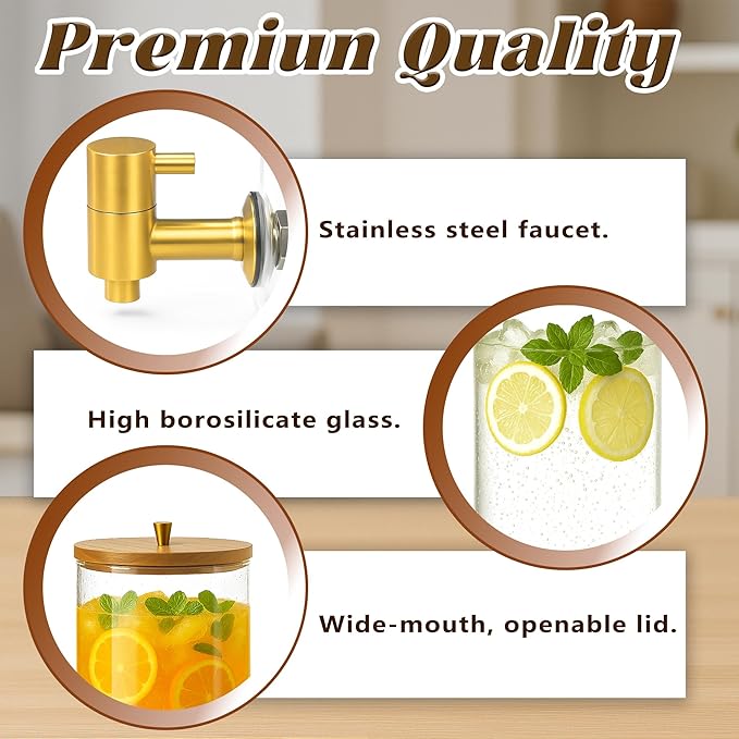 VERSSURE 2PCS Drink Dispenser, 1.5 Gallon Each Glass Beverage Dispenser with Wood Stand and Stainless Steel Faucet Ideal for Juice, Lemonade, and Tea,Large Drink Dispenser for Parties and Home Use