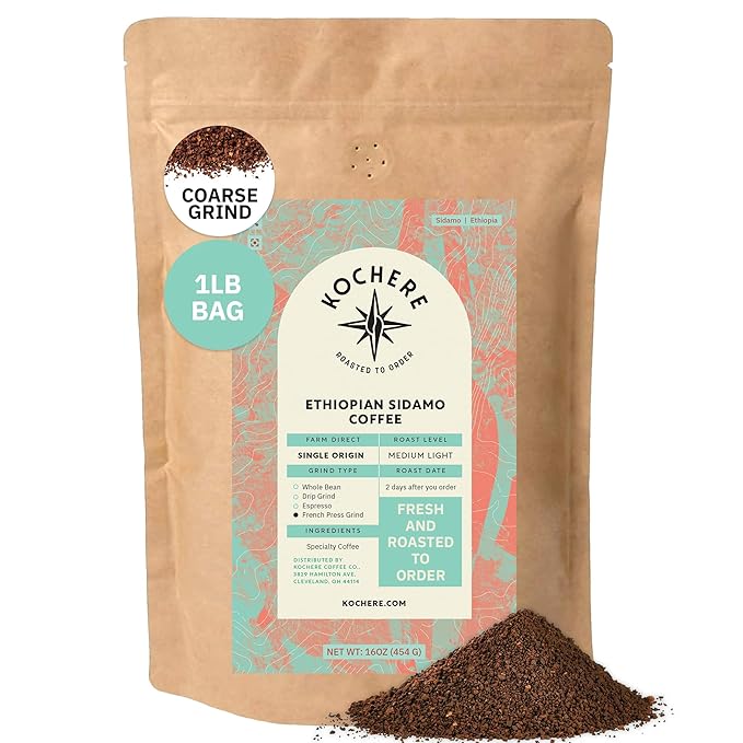 Ethiopian Sidama Coffee – 1LB, Single Origin, Medium-Light Roast, Freshly Roasted Coarse French Press Grind, Specialty Grade, Non-GMO