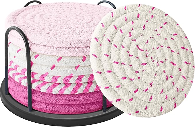 Coasters Set of 8 for Drinks, Beer, Coffee, Cotton Woven 4 Colors Absorbent Coaster with Holder, Boho Coasters for Home Decor Tabletop Protection Suitable for Kinds of Cups