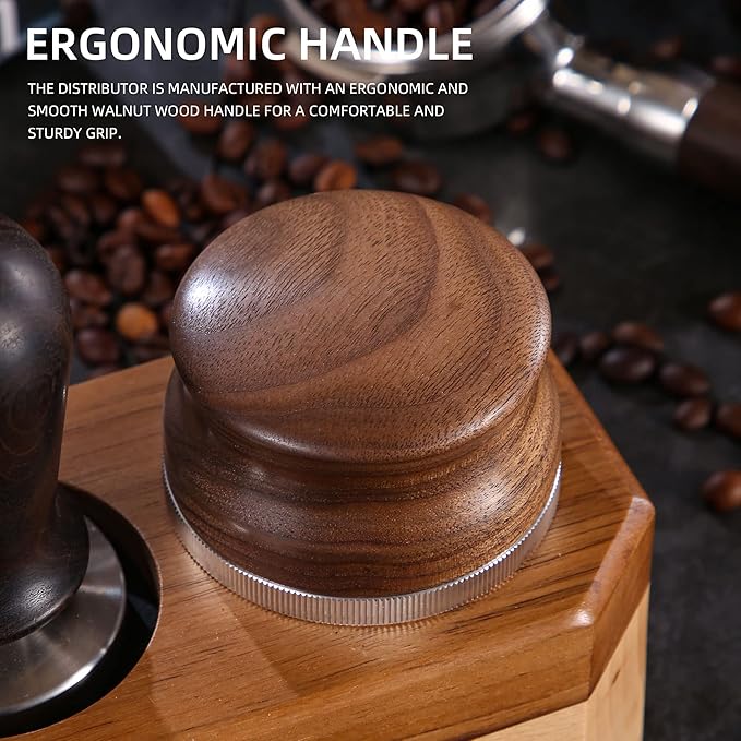 GURUDAR 53mm Coffee Distributor, Espresso Distribution Tool, Adjustable Depth Espresso Tamper Leveler with Walnut Wood Handle Fits for 54mm Breville Barista Portafilter