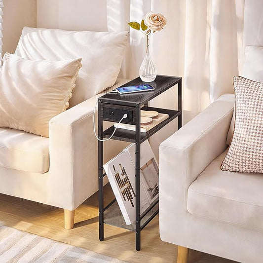 HOOBRO Small Narrow Side Table with Charging Station, Skinny End Table for Small Spaces, Slim Nightstand with USB Ports Outlet, Sofa Beside Table with Storage Shelf, Charcoal Black BC102UBZ01