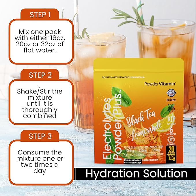 PowderVitamin Electrolytes Powder Plus (20 Servings) Black Tea Lemonade Electrolyte Powder Keto, Sugar Free, Pink Himalayan Salt,1000mg Potassium,120mg Calcium,120mg Magnesium, Hydration Powder
