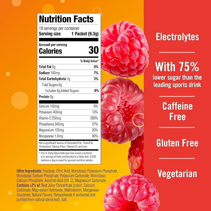 Emergen-C Hydration+ Sports Drink Mix with Vitamin C (,Raspberry Flavor),Electrolyte Replenishment,0.33 Ounce Powder Packets,(Pack of 36)