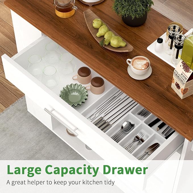 4 EVER WINNER Kitchen Island on Wheels with Storage, Kitchen Island Cart with Storage Cabinet, Spice Rack & Towel Rack & Drawer, Island Table for Kitchen with Open Shelves, White