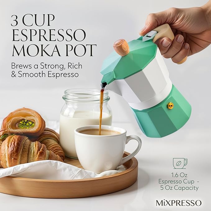Mixpresso Moka Pot 3 Cup (5 oz Total) – Stovetop Espresso Maker for Gas & Electric Stove, Aluminum Cuban & Italian Coffee Maker, Small Size Espresso Brewer