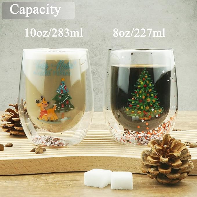 Christmas Mugs, 8 oz Double Wall Insulated Glass Coffee Mugs Set of 2, Cute Funny Mugs Coffee Cups for Cappuccino, Latte, Americano, Tea, Wine and Beverage