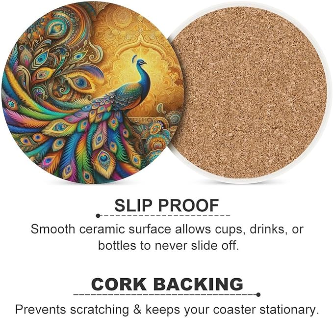 Round-6PCS Peacock Drink Coasters, Round Modern Ceramic Absorbent Coasters, Beautiful Colorful Floral Peacock Boho Art Pattren Decor Desk Coffee Table Coaster for Beverage Cup Tea Coasters