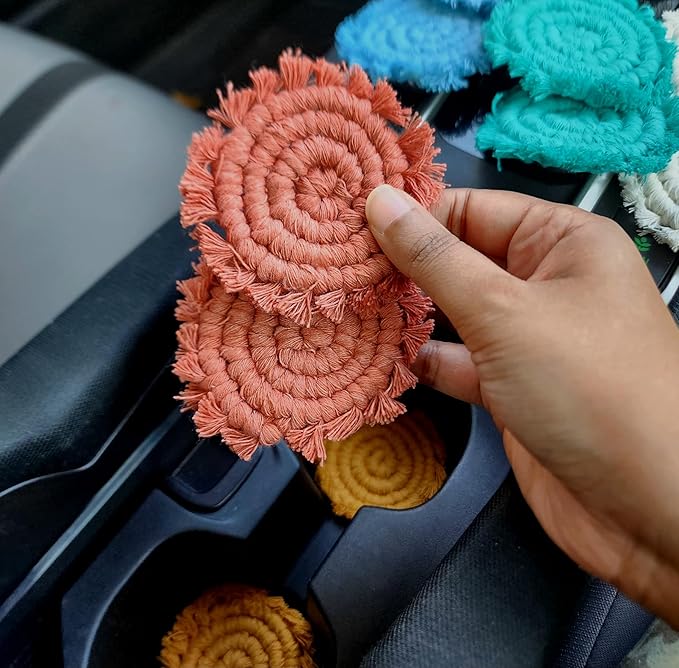 Cotton Car Coasters for Cup Holders, 2PC Car Cup Coasters, Drink Coaster Holder, Cute cupholder Coaster Accessories for Women, Macrame, Boho (Cafe Latte)