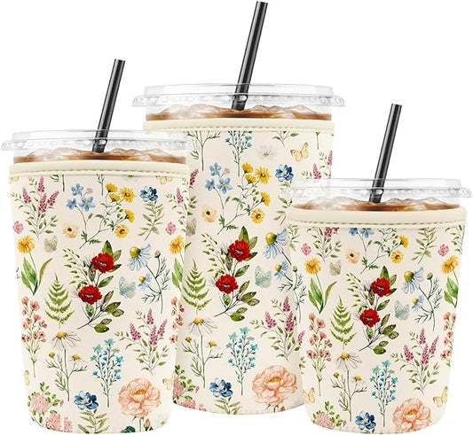 Iced Coffee Sleeve Reusable Cup Sleeves for Cold Drinks Neoprene Koozie Cozy Plastic Cup Covers for Drinks, Floral