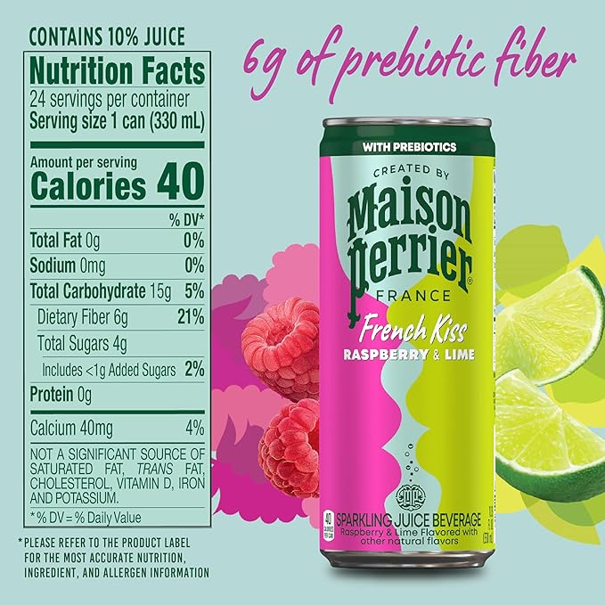 Maison Perrier French Kiss Sweetened Sparkling Juice Beverage, Raspberry & Lime Flavors With Real Fruit Juices, 24Pk