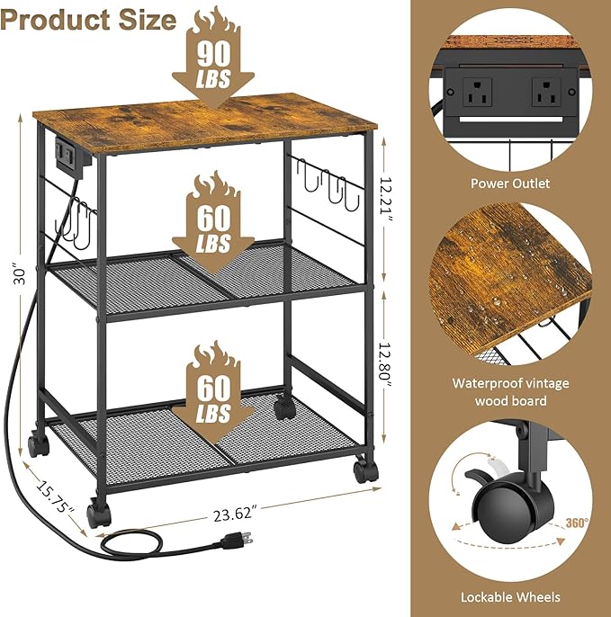 Rolling Kitchen Microwave Cart with Power Outlet, 3 Tier Microwave Table Stand with Storage, Kitchen Utility Cart on Wheels, Small Coffee Cart Shelf Rack Organizer for Living Room Office