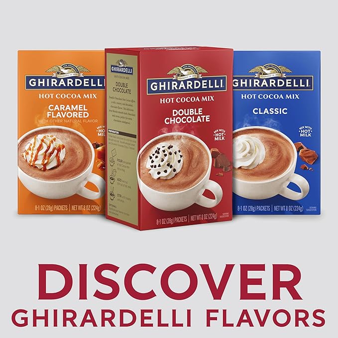 GHIRARDELLI Double Chocolate Hot Cocoa Mix, 8 Single-Serve Packets Rich and Decadent Hot Cocoa Made with Premium Chocolate