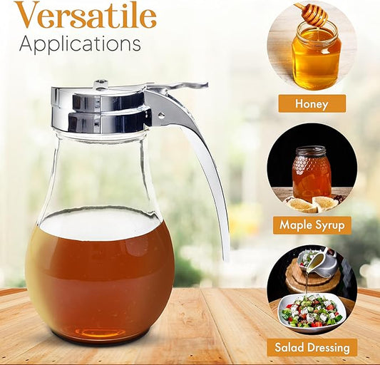 EHOMEA2Z Commercial-Grade Tempered Glass Honey Dispenser, 14 Ounce Honey Jar with Metal Top, Kitchen Essential Honey Jars, Convenient Honey Container, Leak-Proof Glass Honey Dispenser (1, 14 Oz)