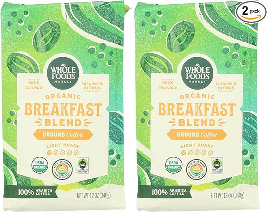 WHOLE FOODS MARKET Organic Ground Breakfast Blend Coffee, 12 OZ (Pack of 2)