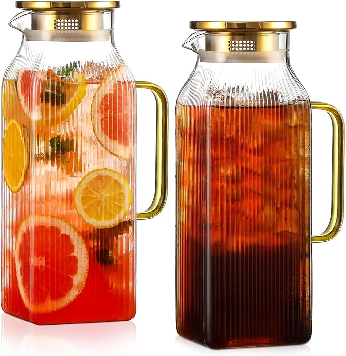 2 Pack 2 Liter/68 oz Square Glass Pitcher with Lid, Classic Stripes Water Pitchers with Handle for Fridge, Large Jug for Iced Tea, Coffee, Borosilicate Glass Carafe for Hot/Cold Brew Drink, Gold