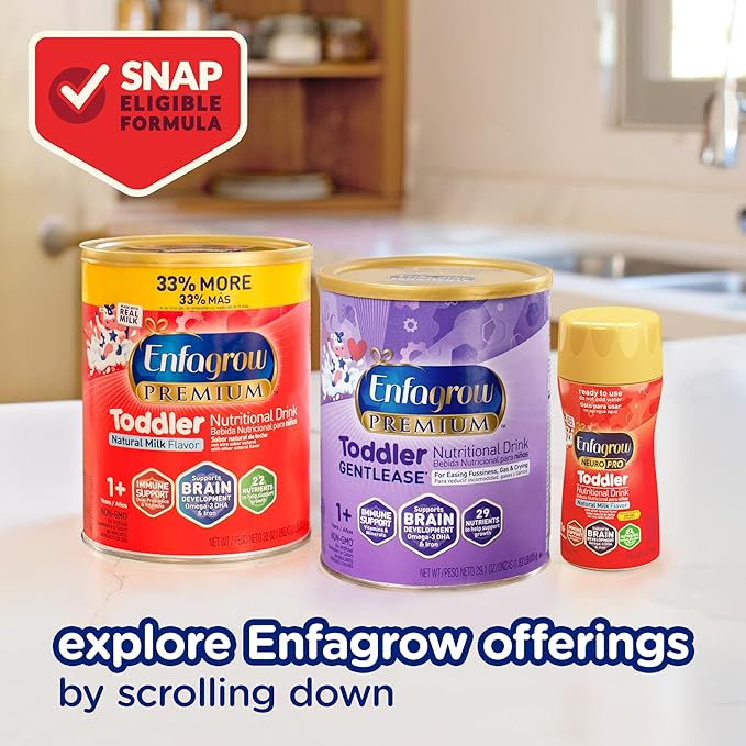 Enfagrow Premium Toddler Nutritional Drink, Made with Real Milk, Brain-Building Omega-3 DHA, Nutrients and Prebiotics for Growth & Immune Support, Non-GMO, Toddler Milk Powder, 32 Oz Can (Pack of 3)