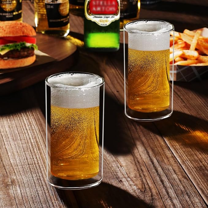Sun's Tea 13oz Ultra Clear Strong Double Wall Thermal Insulated Highball Drinking Glasses for Beer, Coffee, Juice, Smoothie, Mojito, Soda, Milk and Mixed Beverages, Set of 2 (real glass, not-plastic)