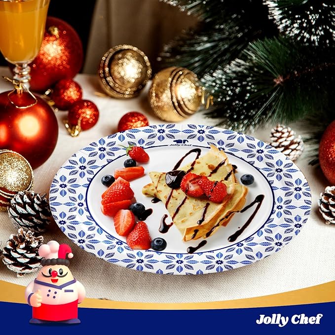 JOLLY CHEF 8.37 inch Disposable Paper Plates 140 Count Soak Proof, Cut Proof, Heavy Duty Printed Disposable Plate for Everyday Use