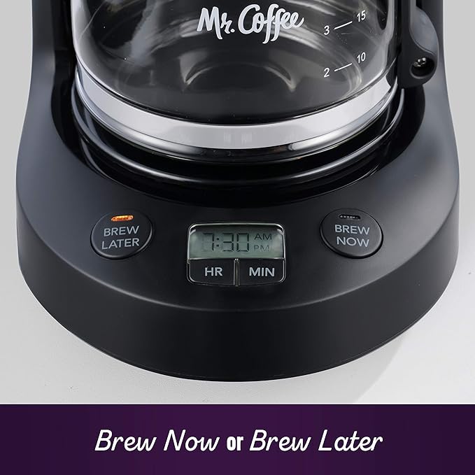 Mr. Coffee Programmable Coffee Maker 5 Cups with Auto Pause Glass Carafe Compact Design Black