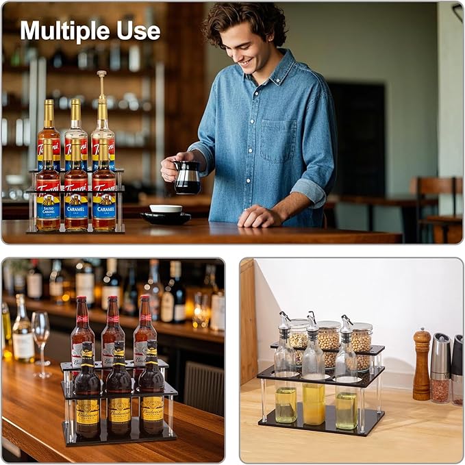 ODPEOZT Acrylic Coffee Syrup Organizer, 2 Tier Coffee Syrup Rack (6 Bottle Capacity), Syrup Bottle Holder Stand for Coffee Bar, Kitchen Countertop Syrups, Condiments and Wine (Black)