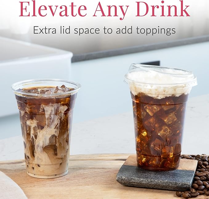 Prestee 100 Clear Disposable Iced Coffee Cups with Lids, 16oz - Plastic Cups with Strawless Sip Lids - Durable Cold Brew, Smoothie, or Beverage Cup for On-the-Go, Christmas and Holiday Party Supplies