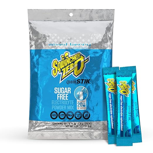 Sqwincher Zero Qwik Stik, Mixed Berry, Sugar Free, Low Calorie, Low Sodium Electrolyte Powder Hydration Drink Mix, .11 0z Packet (Pack of 50)