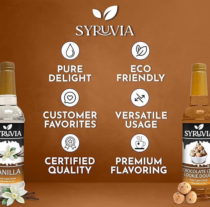 Syruvia Coffee Syrup Variety Pack - Vanilla & Chocolate Chip Cookie Dough- Gluten-Free, Kosher, 25.4 fl oz Bottles - Enhance Your Coffee Experience with Premium Flavoring Syrups