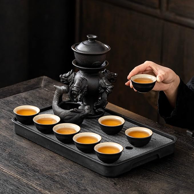 Ceramic Teapot with Infuser Loose Leaf Tea Teapot with 8 cups, Kungfu Tea Sets (Black Dragons)