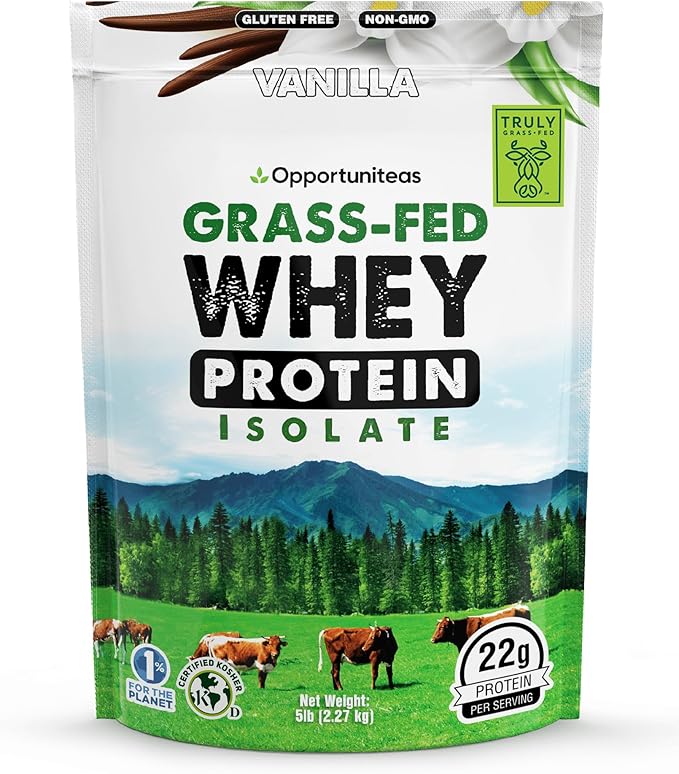 Opportuniteas Grass Fed Vanilla Whey Isolate Protein Powder – 22g Protein, Heavy-Metal Tested, Organic Cane Sugar & Organic Vanilla Flavor, Non-GMO, Hormone-Free, Sourced from Ireland, 5lb