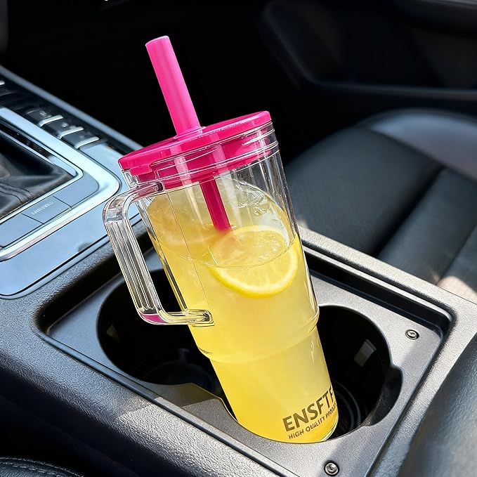 40oz Insulated Blue Tumbler with Handle and Lid & Straw, Reusable Travel Mug for Clod and Hot Drinks, Double-Wall Plastic Water Bottle,Crystal-Clear,Car Cup Holder Fit, Leakproof,BPA-Free