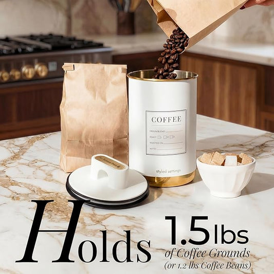 STYLED SETTINGS Vacuum Coffee Canister with Airtight Lid – Dual-Lid Airtight Coffee Canister with Scoop and Label for Beans and Grounds, Food Storage Container -White and Gold Kitchen Accessories