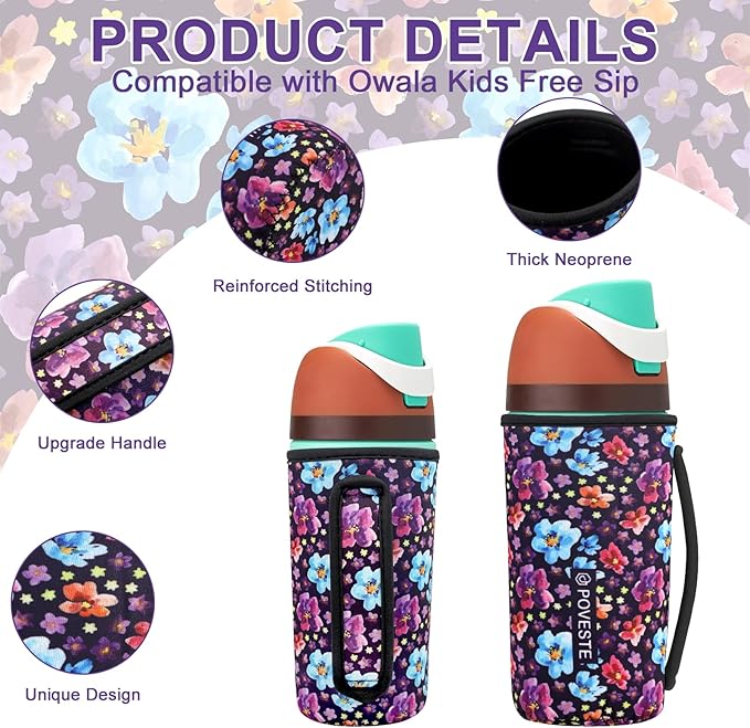 Water Bottle Sleeve with Handle for Owala Kids FreeSip 16 oz, Water Bottle Scratch Resistant Sleeve, Neoprene Cover Compatible with Owala 16 oz for Boys Girls to School Travel