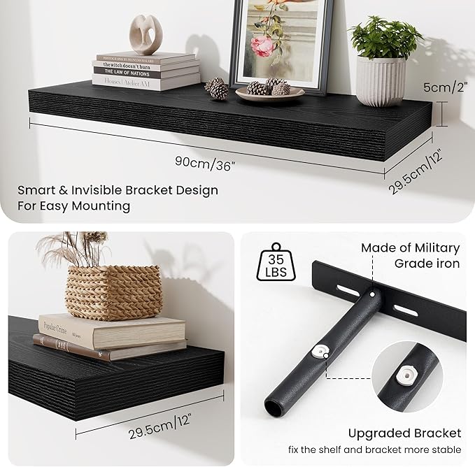 Fun Memories 12" Deep Floating Shelves for Wall, 36" W x 12" D Floating Shelves, Long Wood Floating Wall Shelf for Living Room Bathroom Bedroom Kitchen, Black, Set of 2