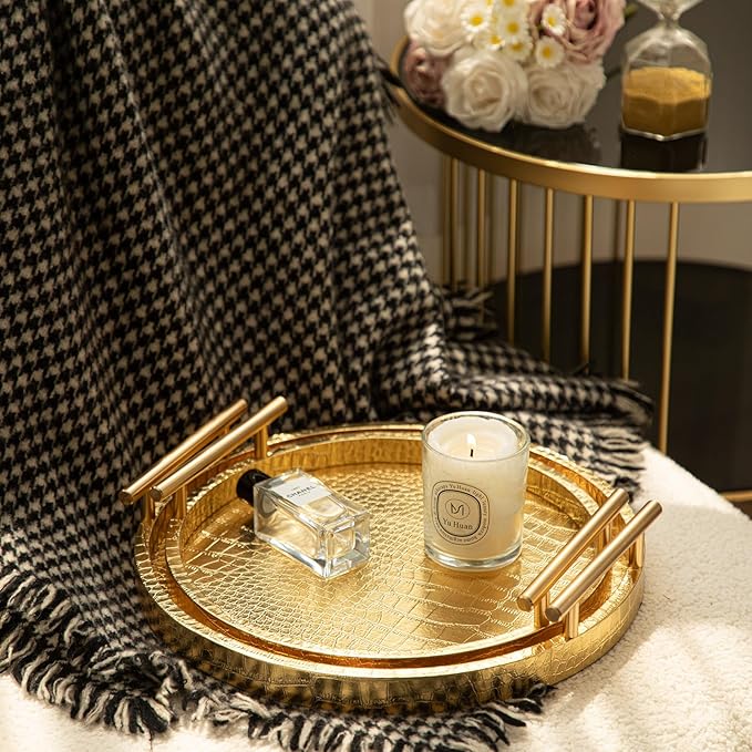 Modern Decorative Tray Set of 2, Wooden Round Crocodile Leather Tray with Polished Metal Handles, Decorative Serving Trays Coffee Table Trays Ottoman Platter for Home Decor (Golden)