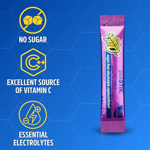 Sqwincher Zero Qwik Stik, Grape, Sugar Free, Low Calorie, Low Sodium Electrolyte Powder Hydration Drink Mix, .11 0z Packet (Pack of 50)