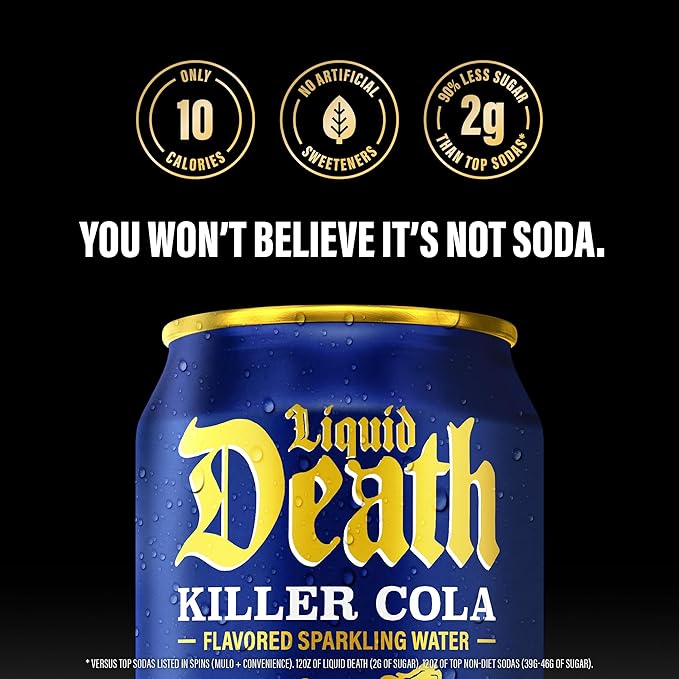Liquid Death Soda-Flavored Sparkling Water - Killer Cola, Less Sugar*, Huge Flavor, No Caffeine, No Artificial Sweeteners, 12 Fl Oz (Pack of 12)