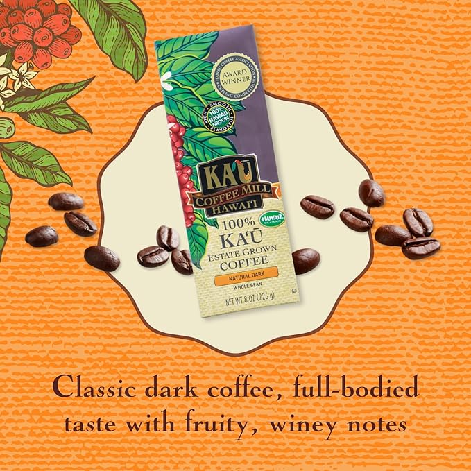Ka'u Coffee Mill Natural Dark Roast Whole Bean Coffee - Fruit, Spice, Cocoa & Molasses Notes - Handpicked & Naturally Processed Hawaii Grown Arabica Beans - Gourmet Premium Small Batch - 8oz