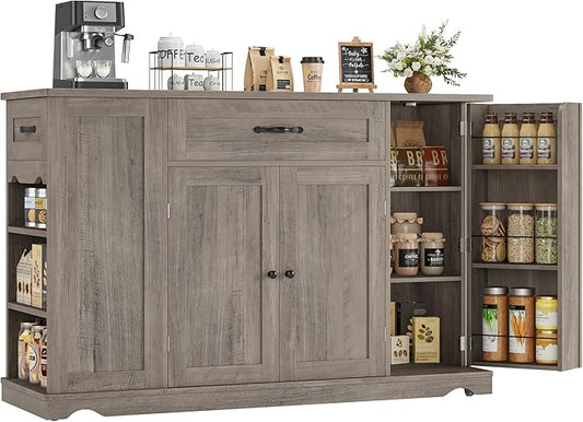HOSTACK Kitchen Island Cart with Storage, 47'' Kitchen Storage Island on Wheels with 2 Drawers, Rolling Island Table with Adjustable Shelves, Mobile Buffet Sideboard Cabinet for Dining Room, Ash Gray