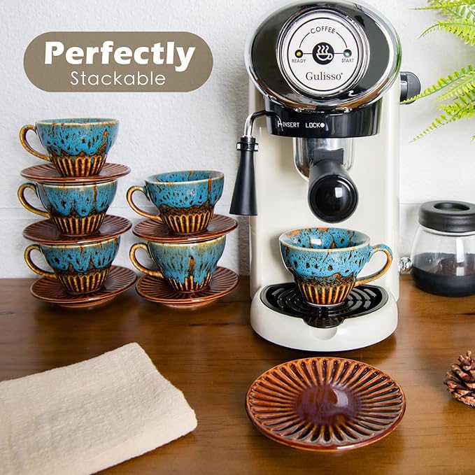 YINUOWEI 2 oz Espresso Cups Set of 6, Ceramic Cappuccino Cups with Saucers, Stackable Coffee Cup for Macchiato, Single shot, Tea, Coffee Lover Gifts, Glazed Blue