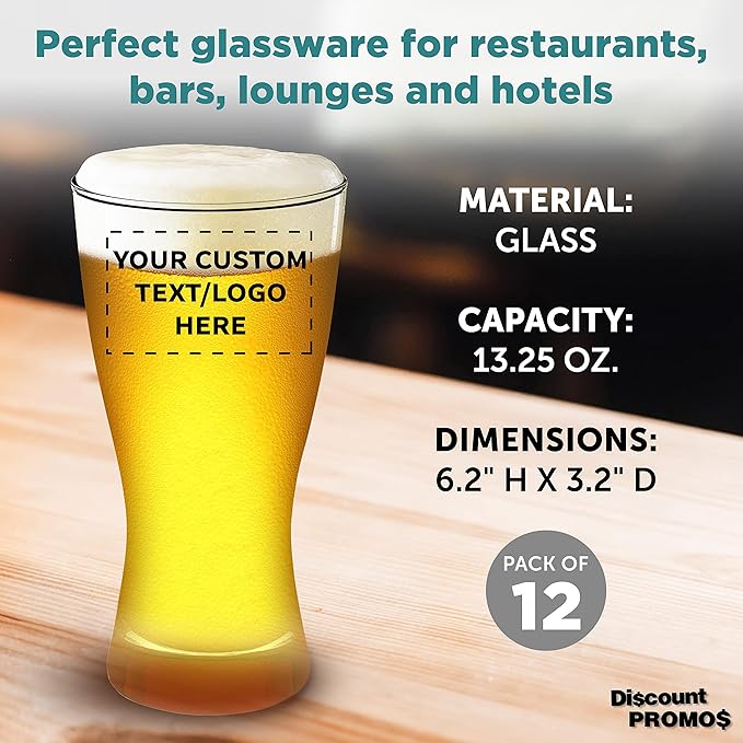 Custom Pilsner Glasses 13.25 oz. Set of 12, Personalized Bulk Pack - Made in the USA, Perfect for Hotels, Restaurants, Bars and Even Party Favors - Red