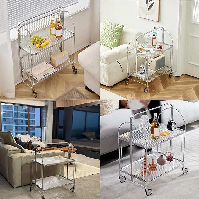 Folding End Table Side Table Glass Movable Coffee Station Table, Metal Coffee Bar Stand Cart with Storage Coffee Table on Wheels,for Home Kitchen, Entryway, Living Room,Dining Room(Gold)