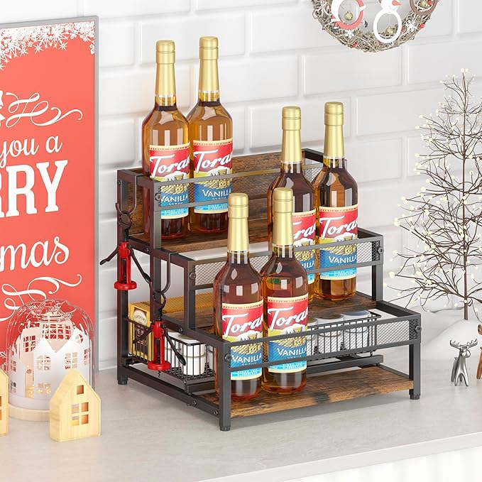 3 Tier Coffee Syrup Rack Organizer, 12 Water Bottles Holder Stand Liquor Cabinet Storage, Wine Rack Countertop Storage Rack Coffee Bar Cabinet for Kitchen
