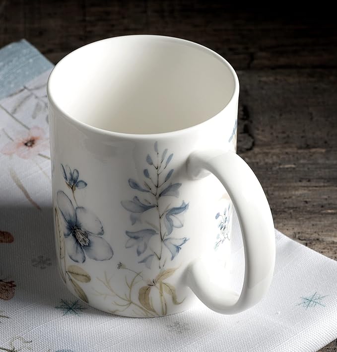 Maison d' Hermine Coffee Mug with Handles Fine Bone China Mugs Pack of One Tea Cups for Hot Beverages Cappuccino Latte Home Restaurant Office Perfect for Gift (Ice Florals - Forsty Morning, 12 Ounce)