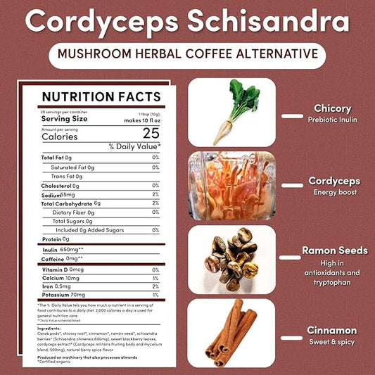Teeccino Cordyceps Schisandra Coffee Alternative - Cinnamon Berry - Adaptogenic Herbal Mushroom Coffee, Caffeine-Free, Prebiotic, Acid-Free, Gluten-Free, All-Purpose Grind - 10 Oz